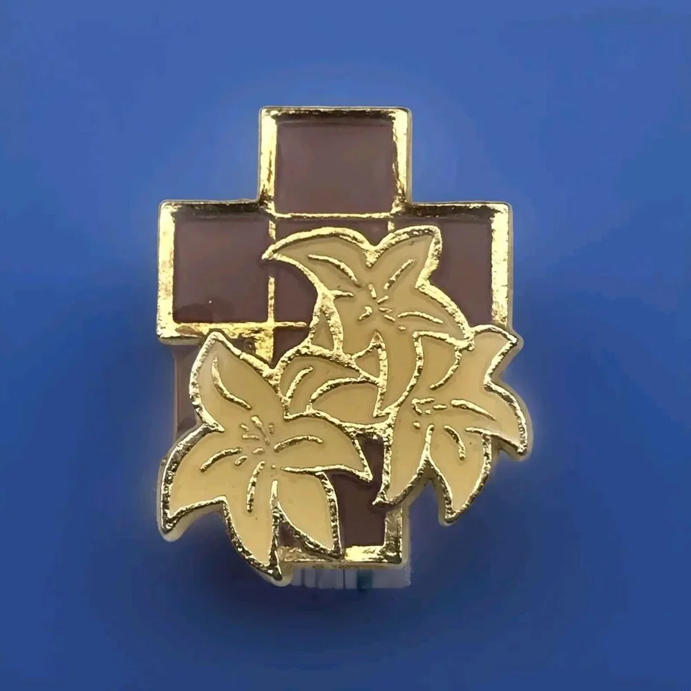 GGI Enamel Pin Gold Toned Religious Easter Lily Cross Enamel Christian Faith
